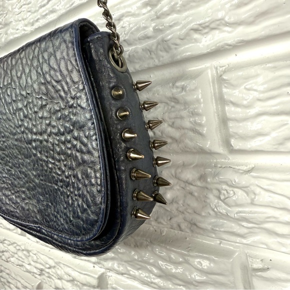 Studded Navy Blue Faux Leather Crossbody Bag Pewter Hardware Shoulder Strap - Picture 5 of 9